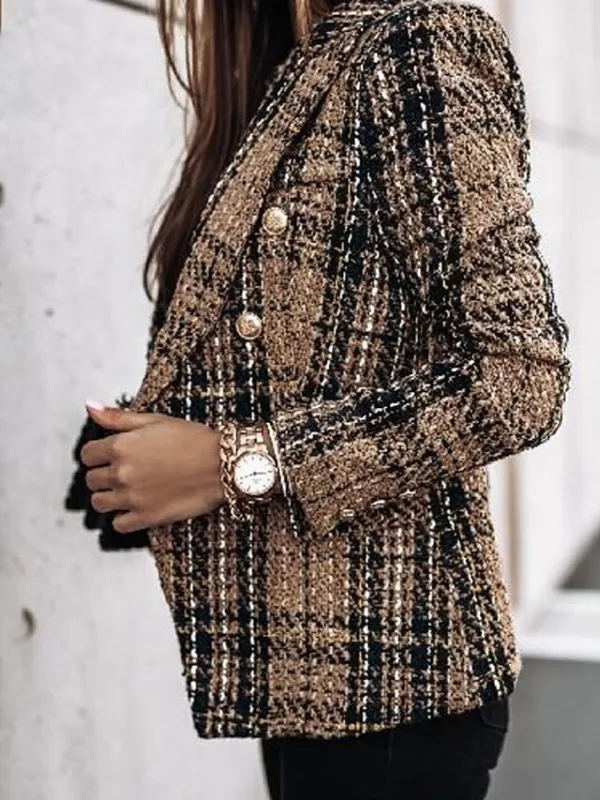 Women's Blazer Tweed Maillard Plaid Long Sleeve Coat Fall Winter Business Double Breasted Regular Jacket Green Brown XL 2XL 3XL