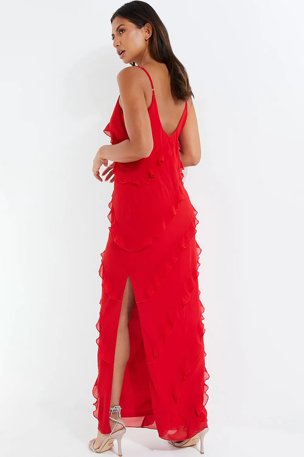 RED CHIFFON RUFFLE MAXI DRESS
