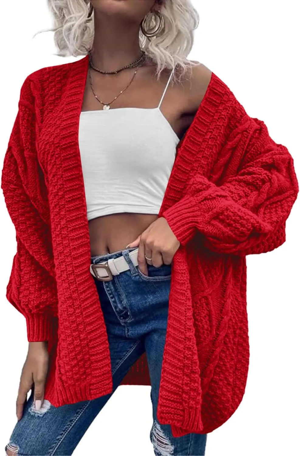 Dyexces Womens Oversized Cardigan Sweaters Open Front Cable Knit Lantern Long Sleeve Chunky Outwear Coats