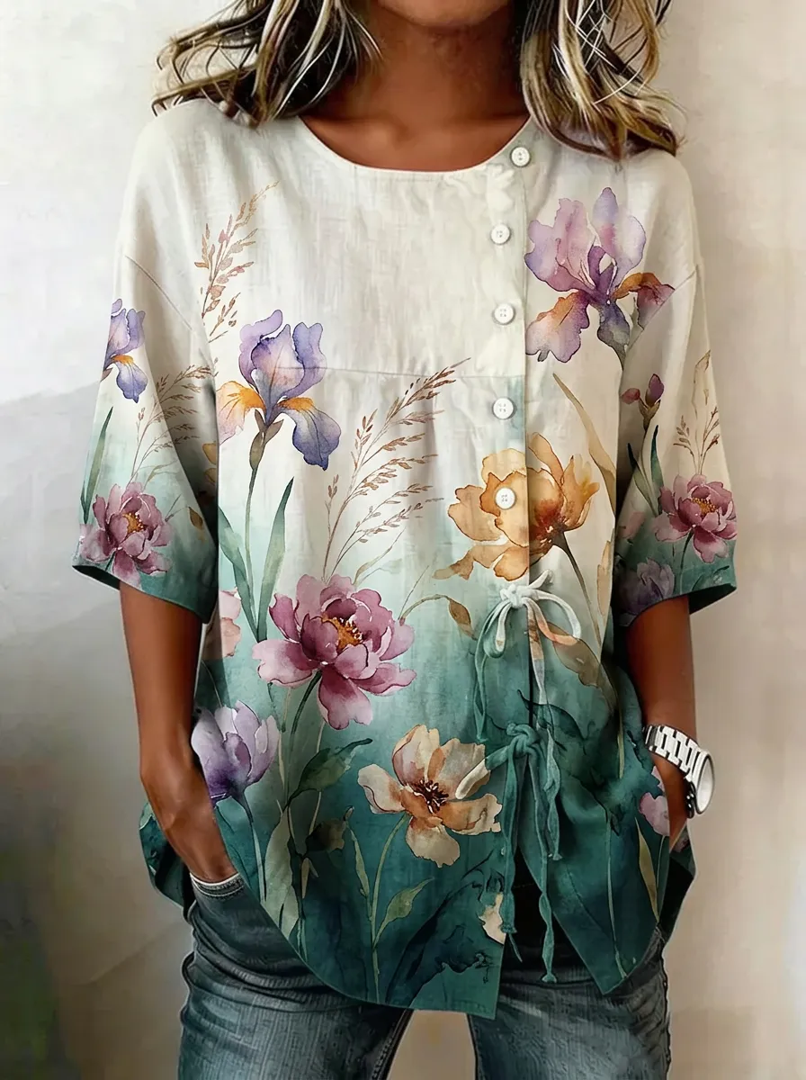 Women's Nashville Floral Watercolor Printed Button-Up Top
