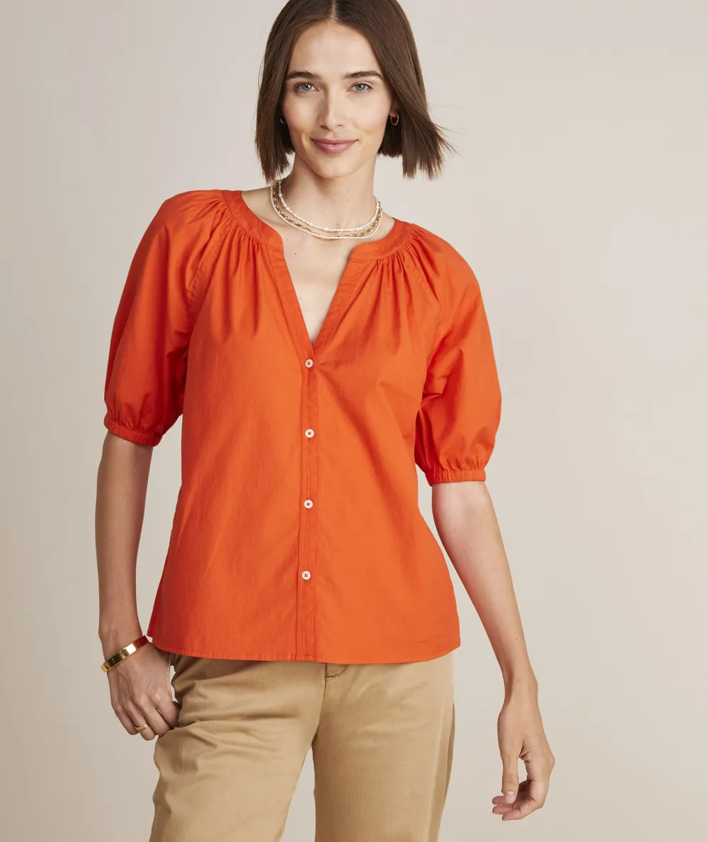 Poplin Button-Front Raglan Top