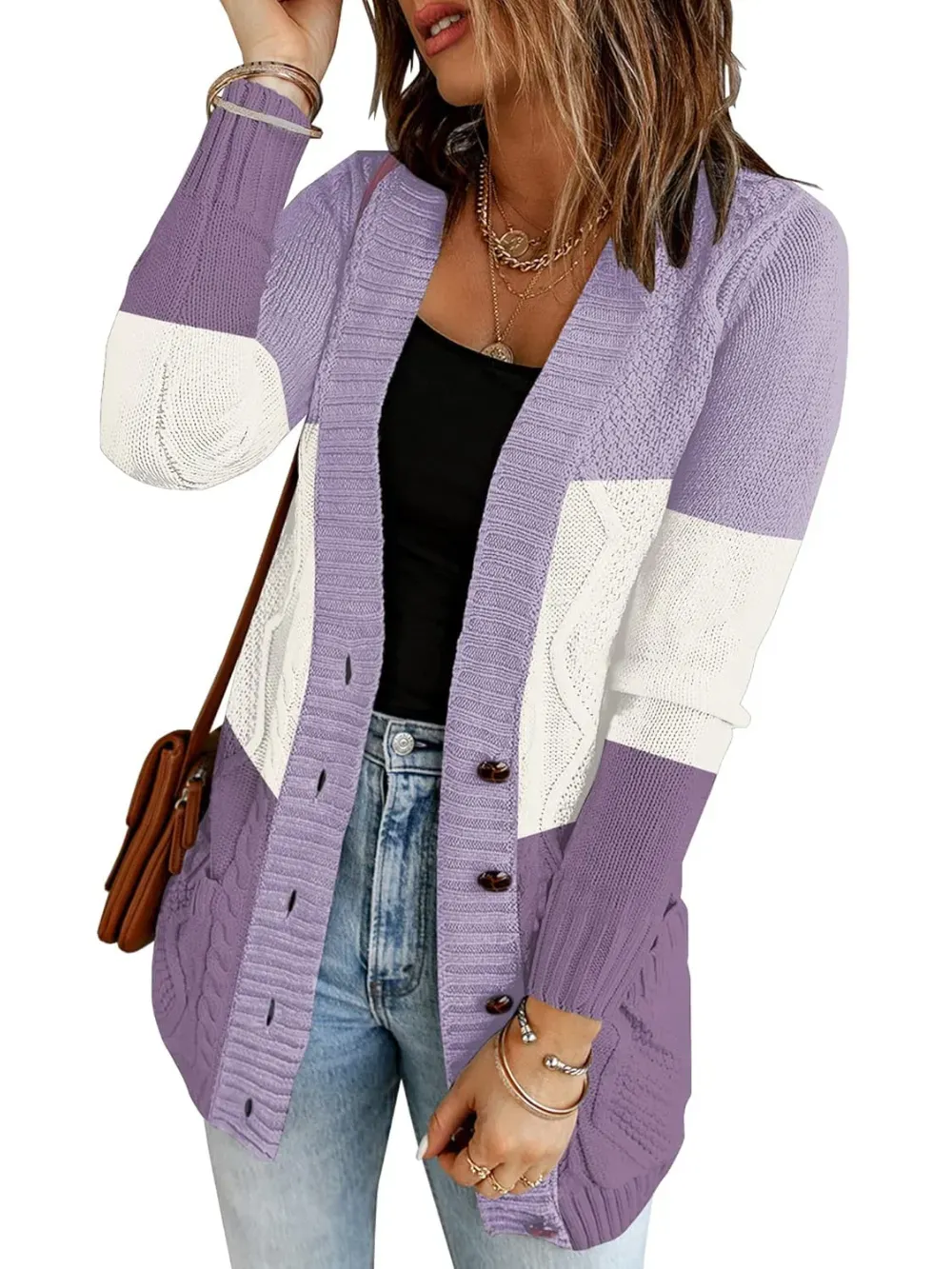 Womens Long Sleeve Open Front Buttons Cable Knit Pocket Sweater Cardigan