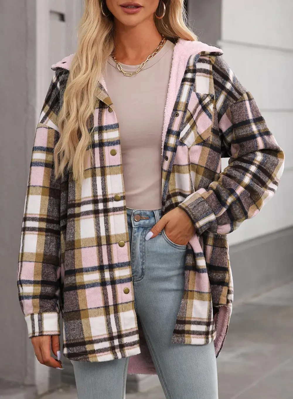Women's Flannel Hooded Plaid 2025 Shacket Thick Coat Winter Coat for Warmth Button down Warm and Fuzzy Fleece Jacket