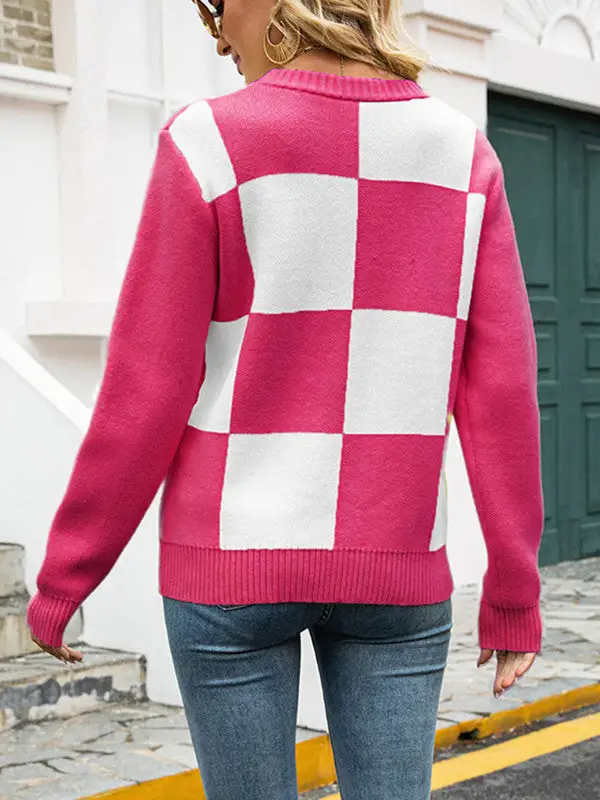 Crew Neck Knitted Plaid Sweater