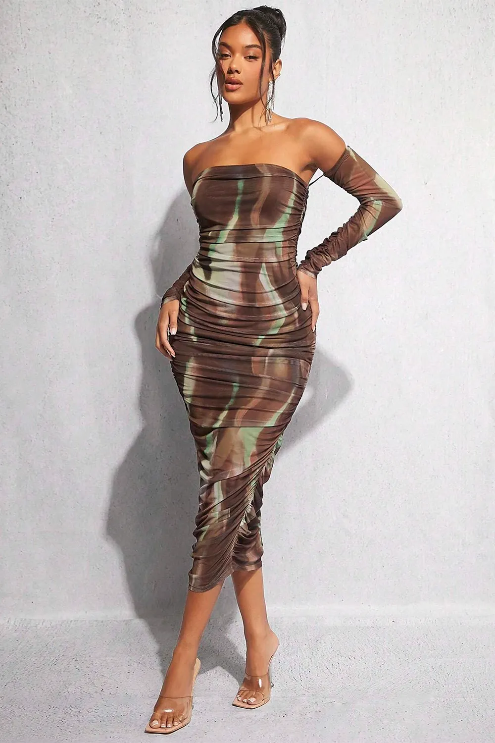 BAE Tie Dye Off Shoulder Ruched Side Bodycon Dress