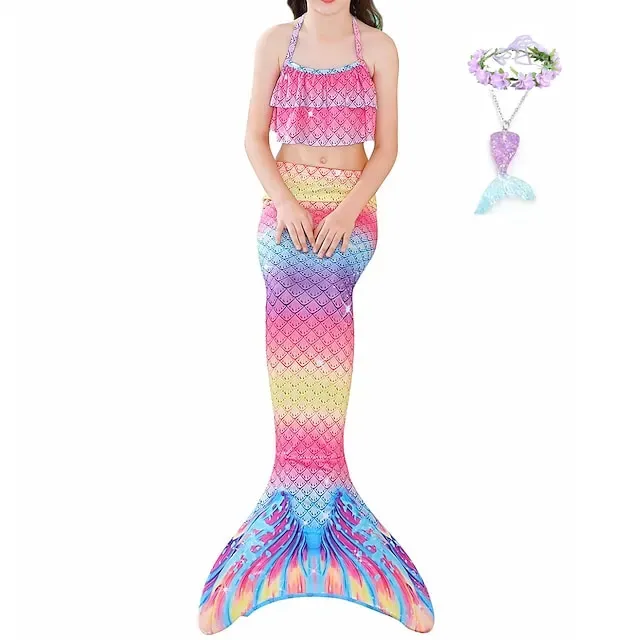 Kids Girls' Five Piece Bikini Swimming Rainbow Cute Print Bathing Suits 3-10 Years Spring Rose Red