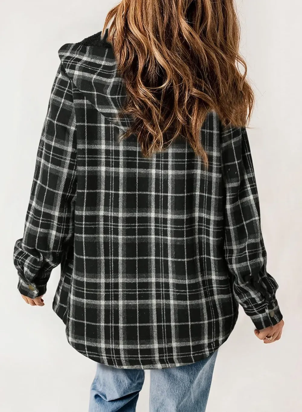Womens Plaid Shacket Jacket Long Sleeve Button Down Fleece Hooded Jackets Warm Coat