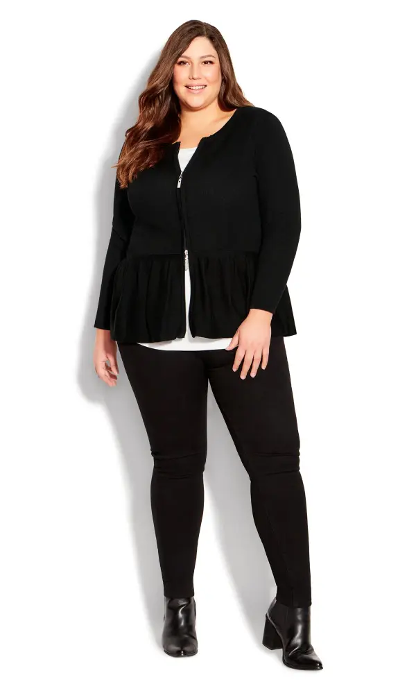 Evans Black Zip Front Frill Cardigan