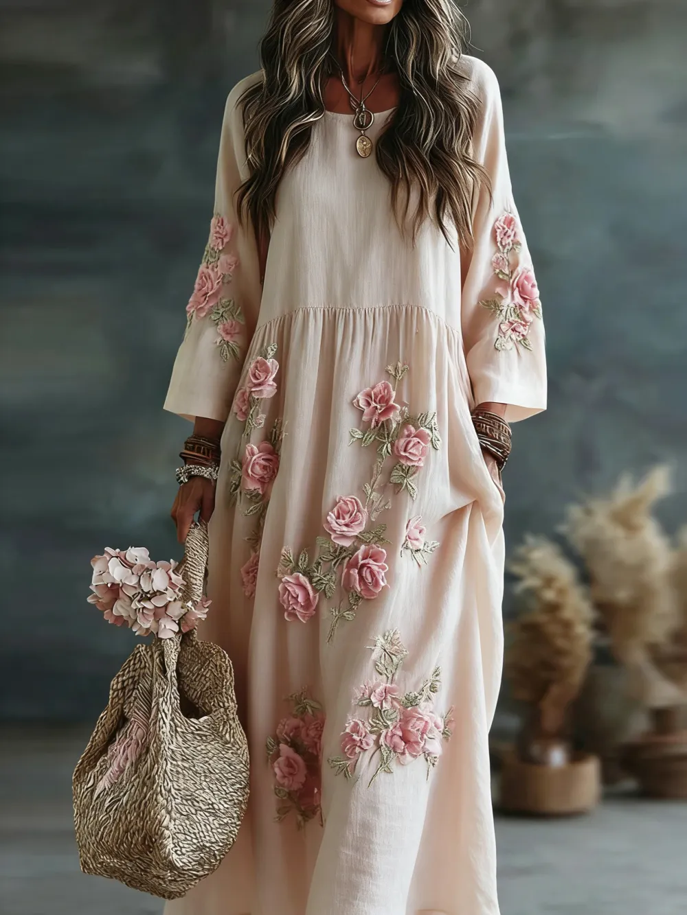 Vintage Boho Floral Design Women's Linen Maxi Dress