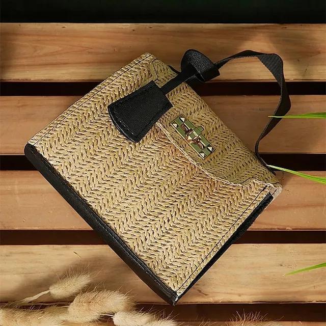Fashion Women Straw Woven Shoulder Crossbody Messenger Bag Casual Ladies Summer Beach Vacation Chain Small Handbags Flap Purse