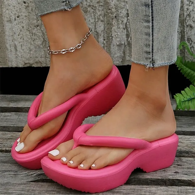 Women's Sandals Slippers Flip-Flops Wedge Heels Flip-Flops Outdoor Slippers Outdoor Beach Summer Flat Heel Elegant Casual Minimalism EVA Loafer Solid Color Black White Fuchsia