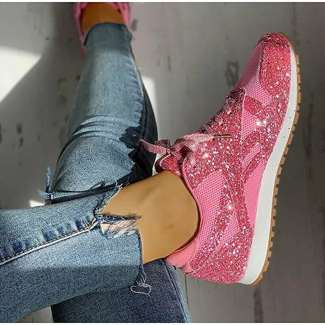 Women's Trainers Athletic Shoes Sneakers Sequins Plus Size Bling Bling Sneakers Outdoor Daily Summer Sequin Platform Flat Heel Round Toe Sporty Classic Casual Tennis Shoes Walking Mesh Lace-up Color