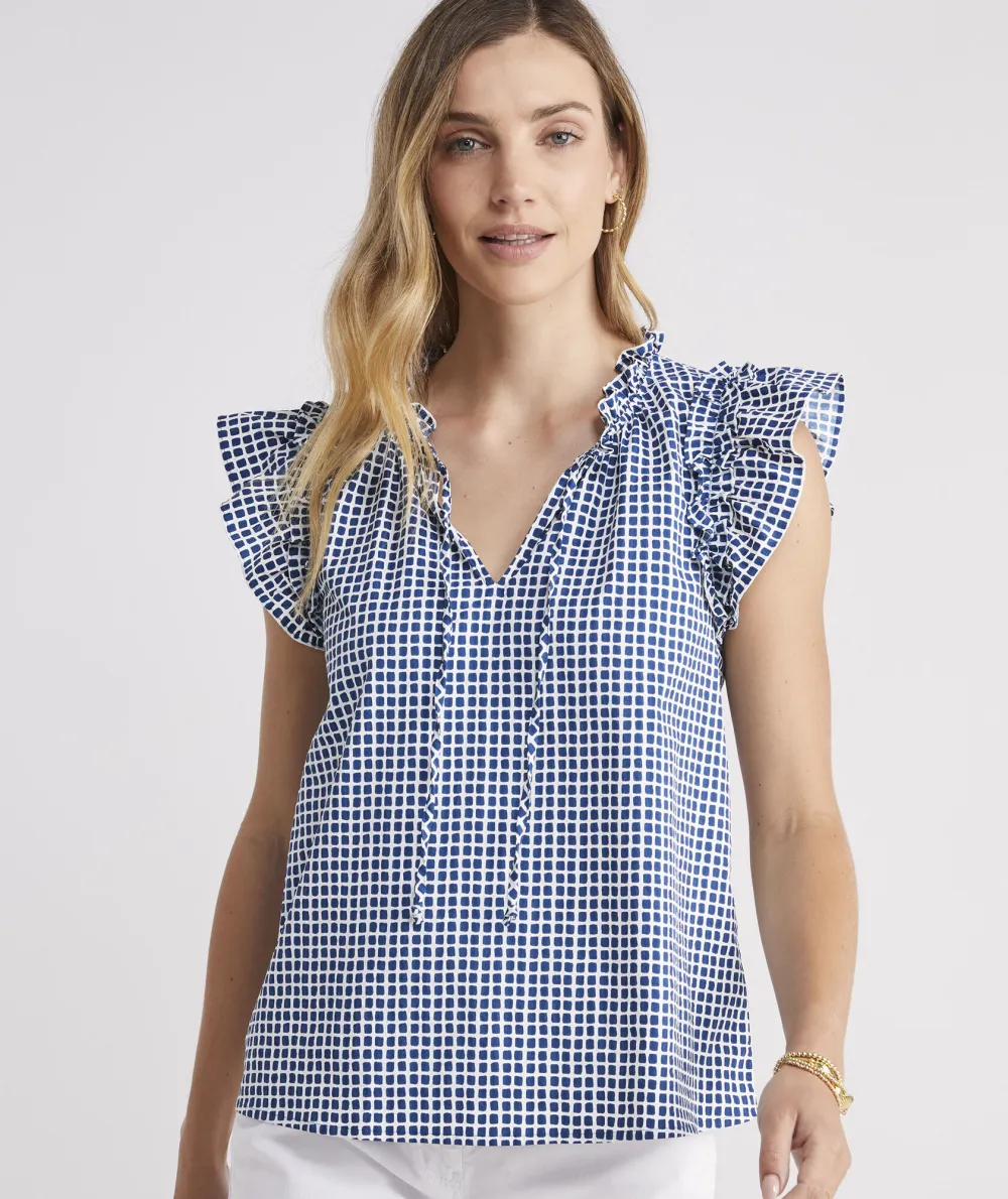 Harbor Seersucker Grid Print Ruffle Popover