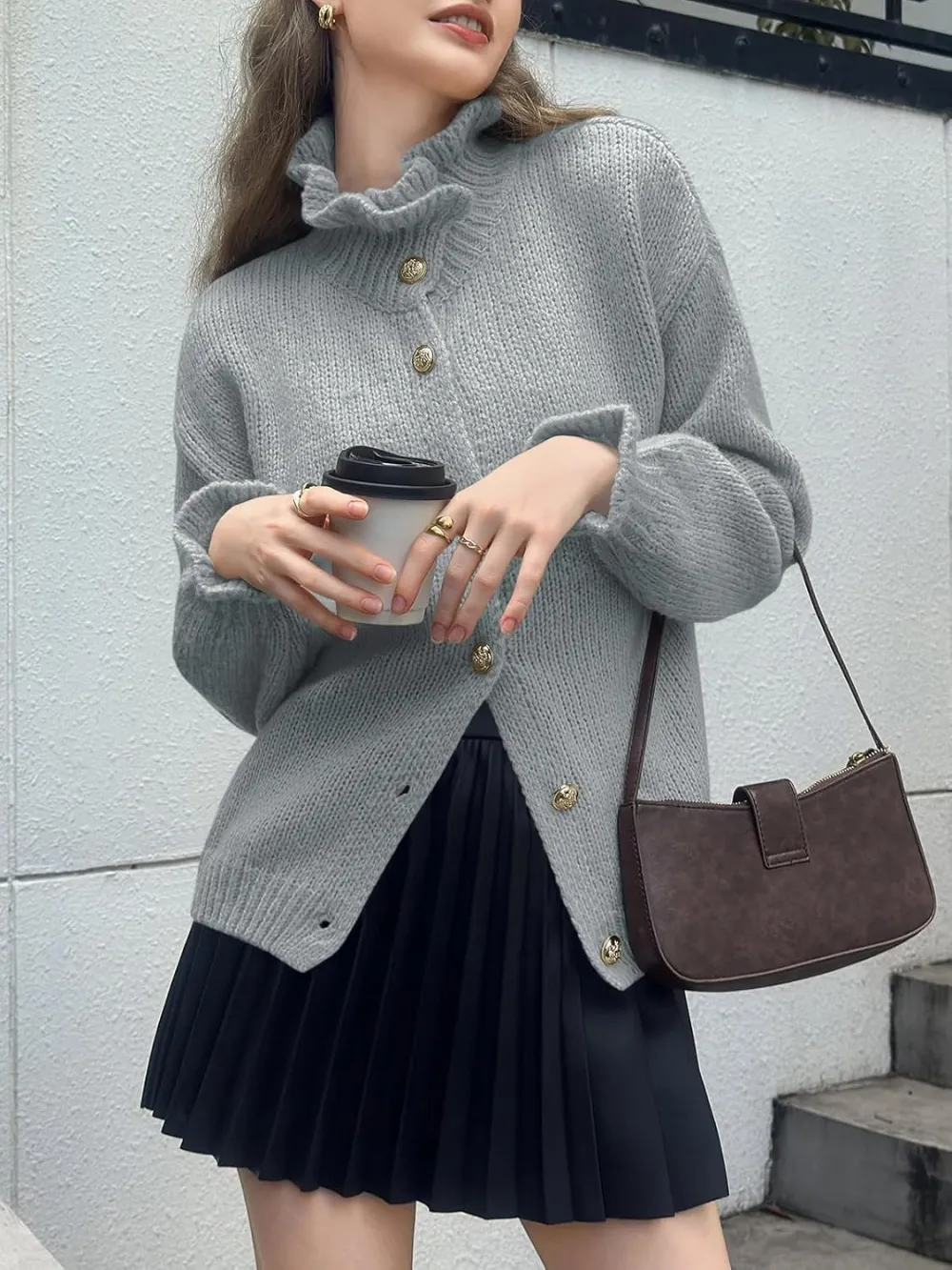 🎄Hot Sale Ruffle Cardigan Oversized Button Up Ribbed Knit Open Front Long Sleeve Loose Sweater