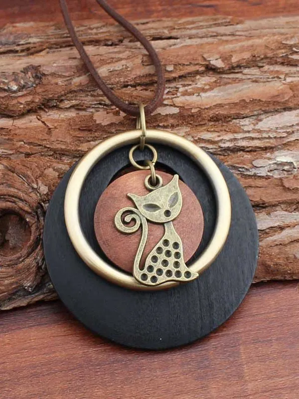 Vintage Wooden Cat Pattern Geometric Pendant Necklace Women Boho Sweater Chain