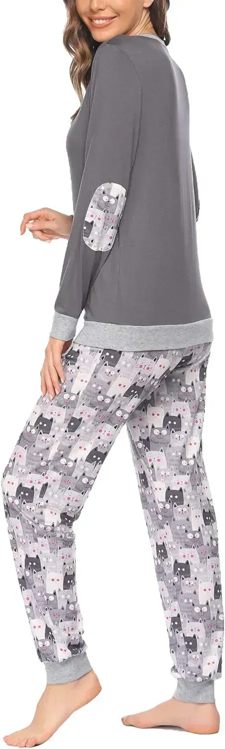 Women's Pajamas Sets Long Sleeve with Plaid Pants Soft Sleepwear O Neck 2 Piece Pjs Joggers Loung Set with Pockets