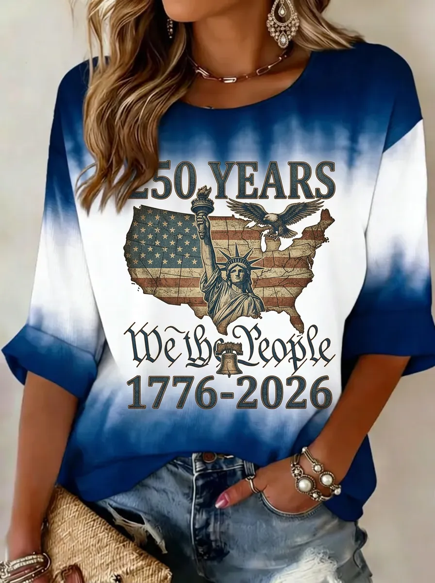 Women's USA Patriot 250 Years Statue of Liberty Eagle Printed T-shirt