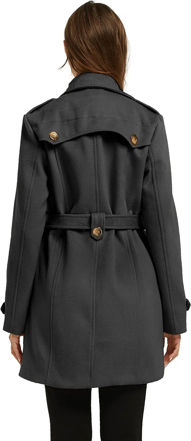 Women's Double Breasted Pea Coat Winter Mid-Long Trench Coat with Belt