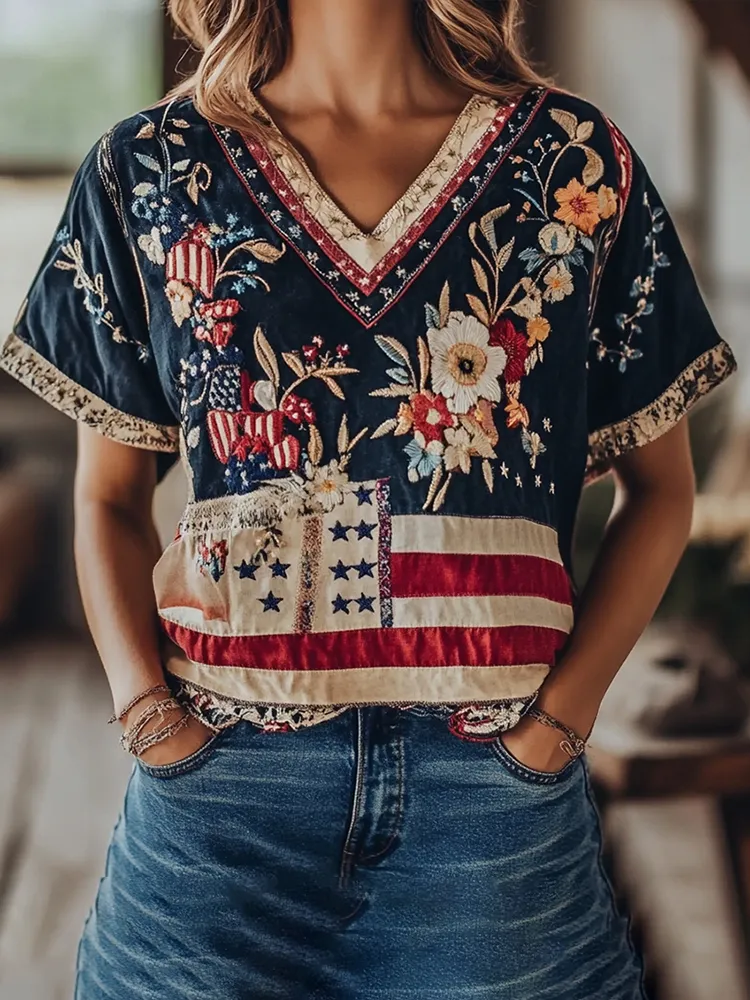 Women's Independence Day Flag Floral Embroidery Print V-neck Casual T-shirt