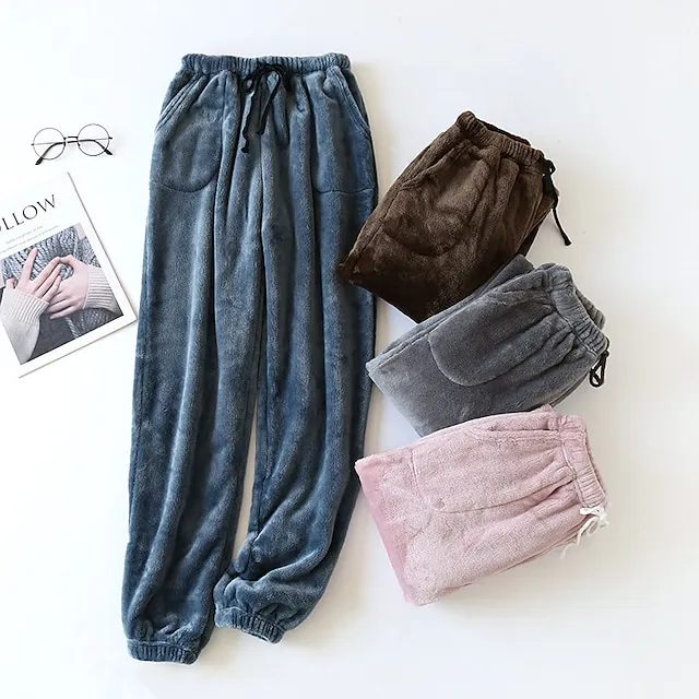 Women's Fleece Fluffy Fuzzy Warm Pajamas Pants Pjs Pure Color Simple Comfort Plush Home Daily Bed Gift Long Pant Elastic Waist Winter Fall Black Blue