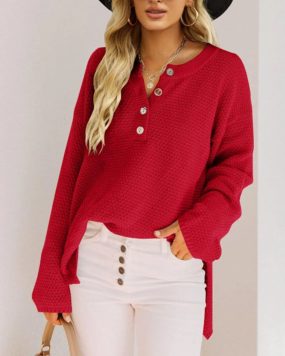 Women's Oversized Sweaters Batwing Long Sleeve Loose V Neck Button Henley Tops Pullover Knit Jumper