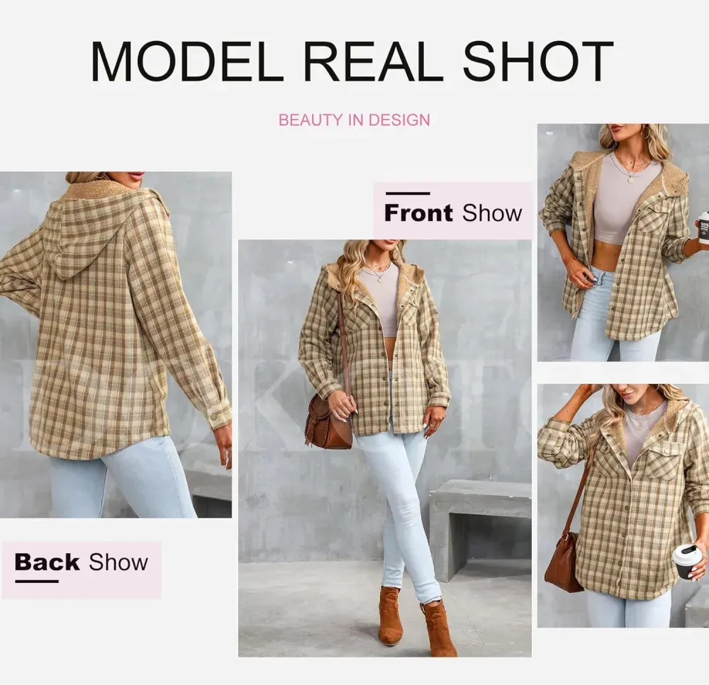 Womens Plaid Shacket Jacket Long Sleeve Button Down Fleece Hooded Jackets Warm Coat