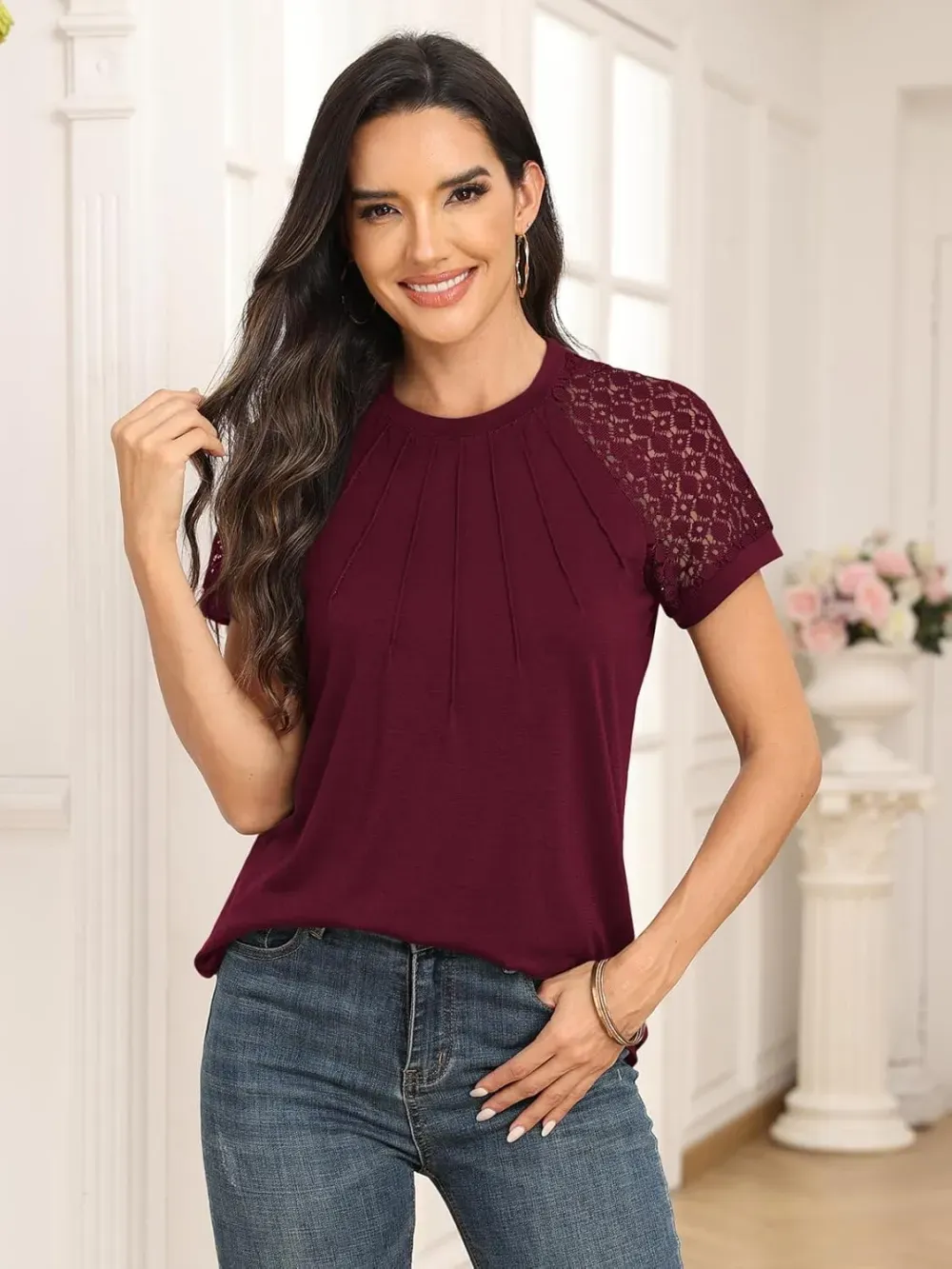 AUTOMET Womens Tshirts Trendy Fashion Tops Lace Short Sleeve Business Tee Shirts Casual Knitted Blouses Summer Outfits 2024