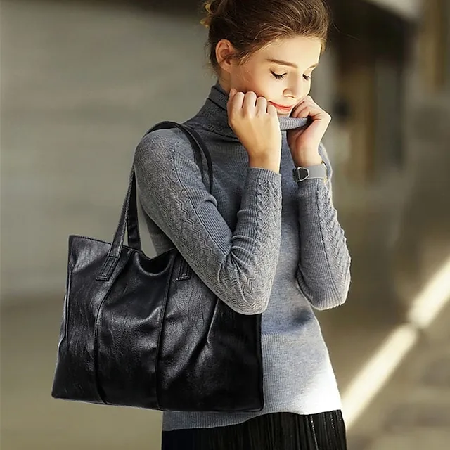 Women's Tote Shoulder Bag Top Handle Bag Shopper Bag PU Leather Shopping Daily Large Capacity Solid Color Black Red Wine Grey