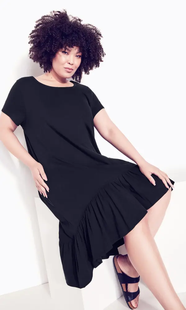 Evans Black Ruffle Drape Pocket Tunic Dress