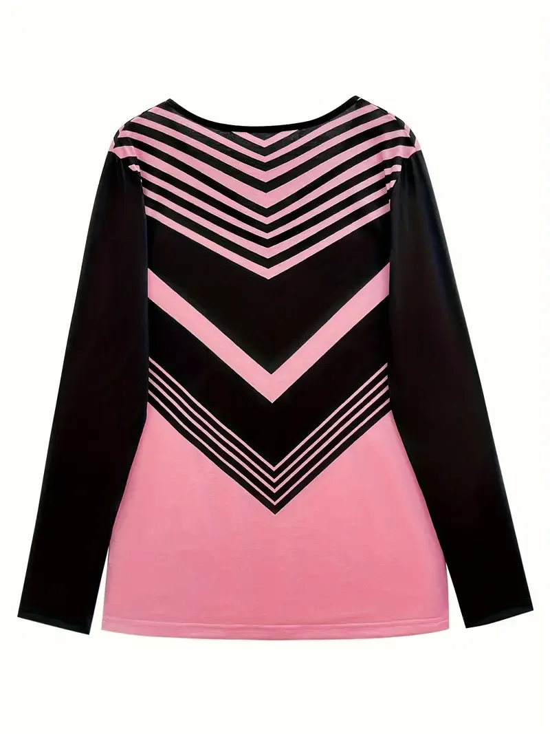 Striped Notched Neck T-shirt, Casual Long Sleeve Top For Spring & Fall, Women's Clothing