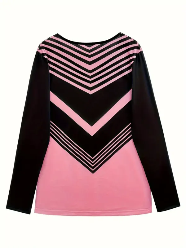 Striped Notched Neck T-shirt, Casual Long Sleeve Top For Spring & Fall, Women's Clothing