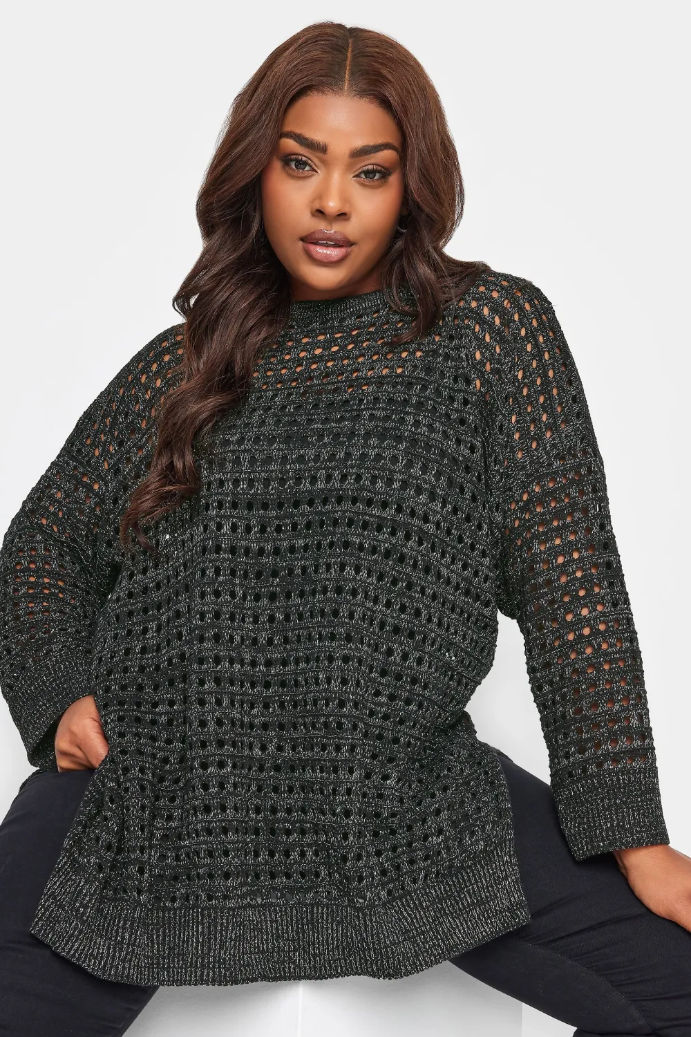 YOURS Curve Black Side Split Crochet Jumper