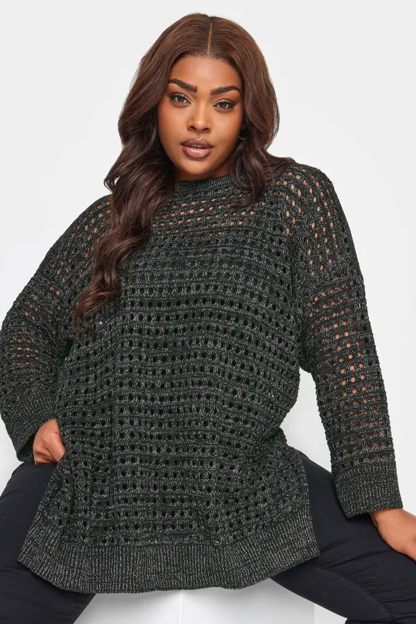 YOURS Curve Black Side Split Crochet Jumper