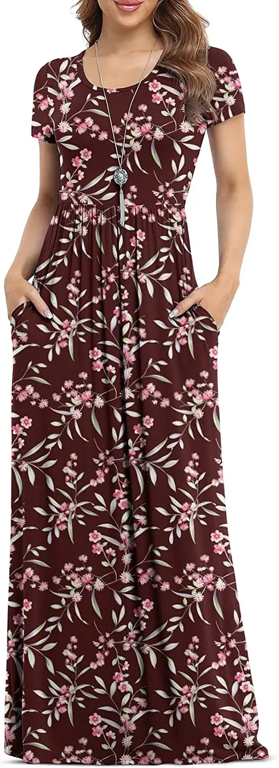 Women's Short Sleeve Loose Plain Maxi Dresses Casual Long Dresses with Pockets