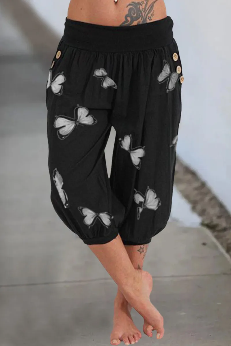 Butterfly Print Pocket Side Capris Pants
