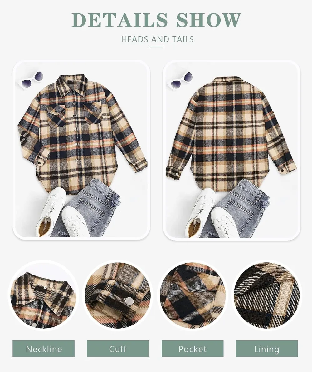 Women's Flannel Plaid Shacket Long Sleeve Button Down Chest Pocketed Shirts Jacket Coats