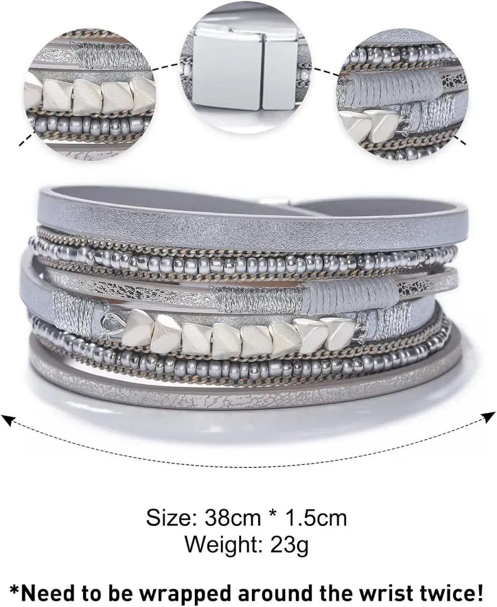 Fesciory Leather Wrap Bracelets for Women, Boho Leopard Multi-Layer Crystal Beads Cuff Bracelet Jewelry