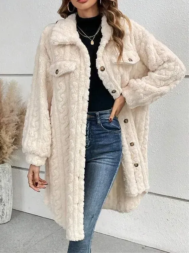 Women's Winter Coat Teddy Coat Coat Windproof Warm Outdoor Street Daily Going out Button Pocket Fleece Lined Single Breasted Lapel Fashion Plush Casual Minimalism Solid Color Regular Fit Outerwear