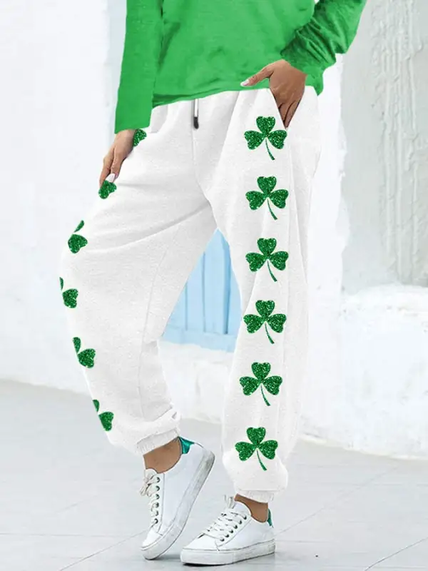 Women's St. Patrick's Day Glitter Shamrock Print Casual Pants