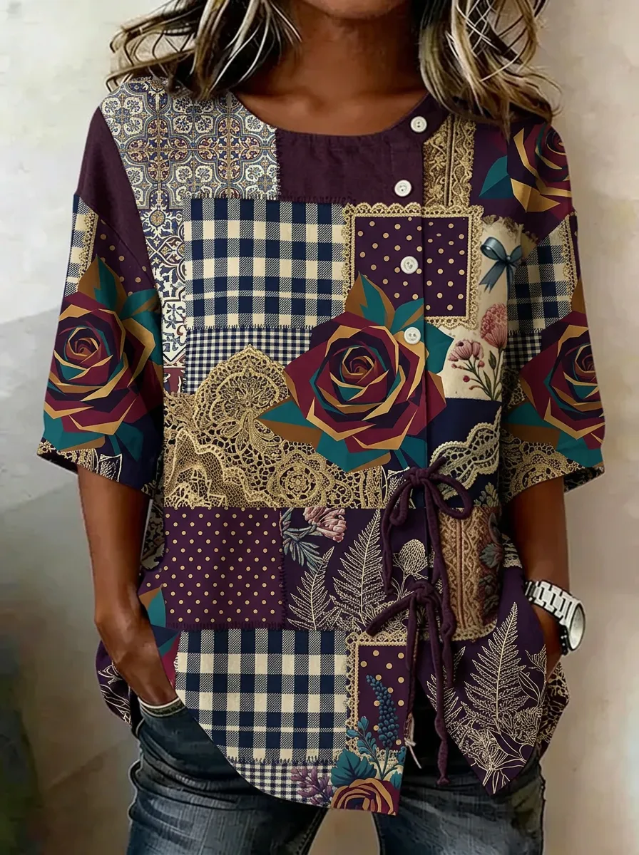 Women's Nashville Floral Patchwork Printed Button-Up Top
