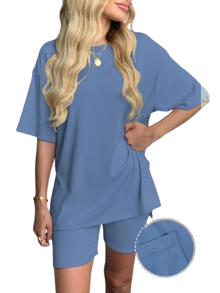 Women's Solid Color Tee & Shorts Loungewear Set