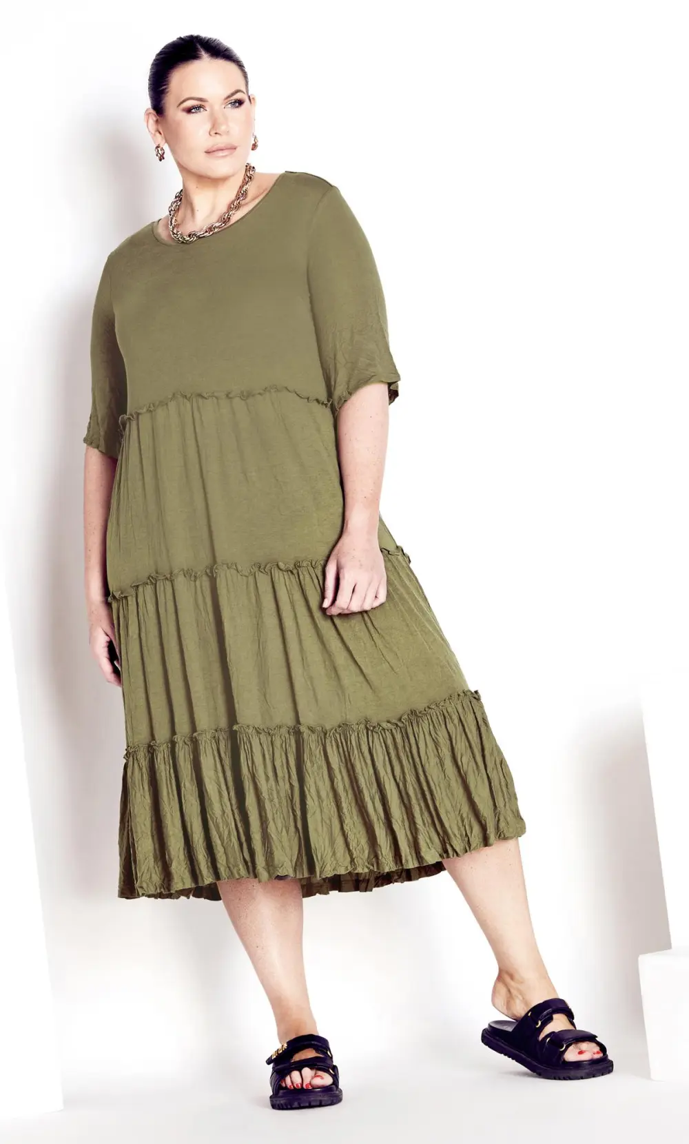 Evans Khaki Tiered Midaxi Dress