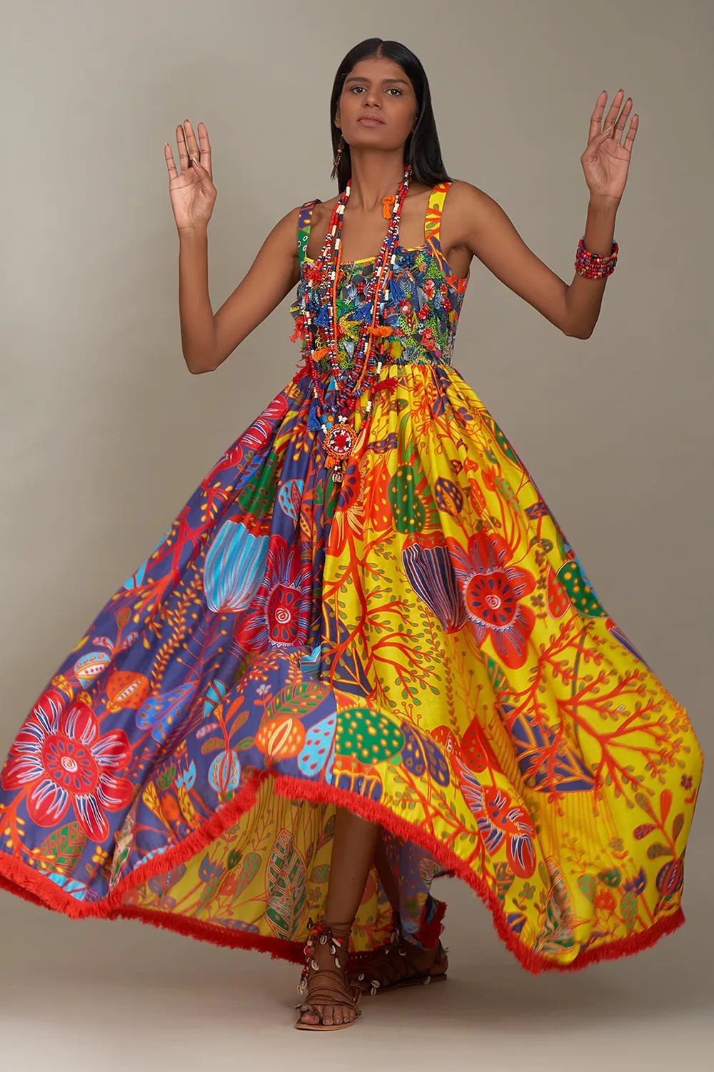 Multicolor cotton silk print floral square neck dress