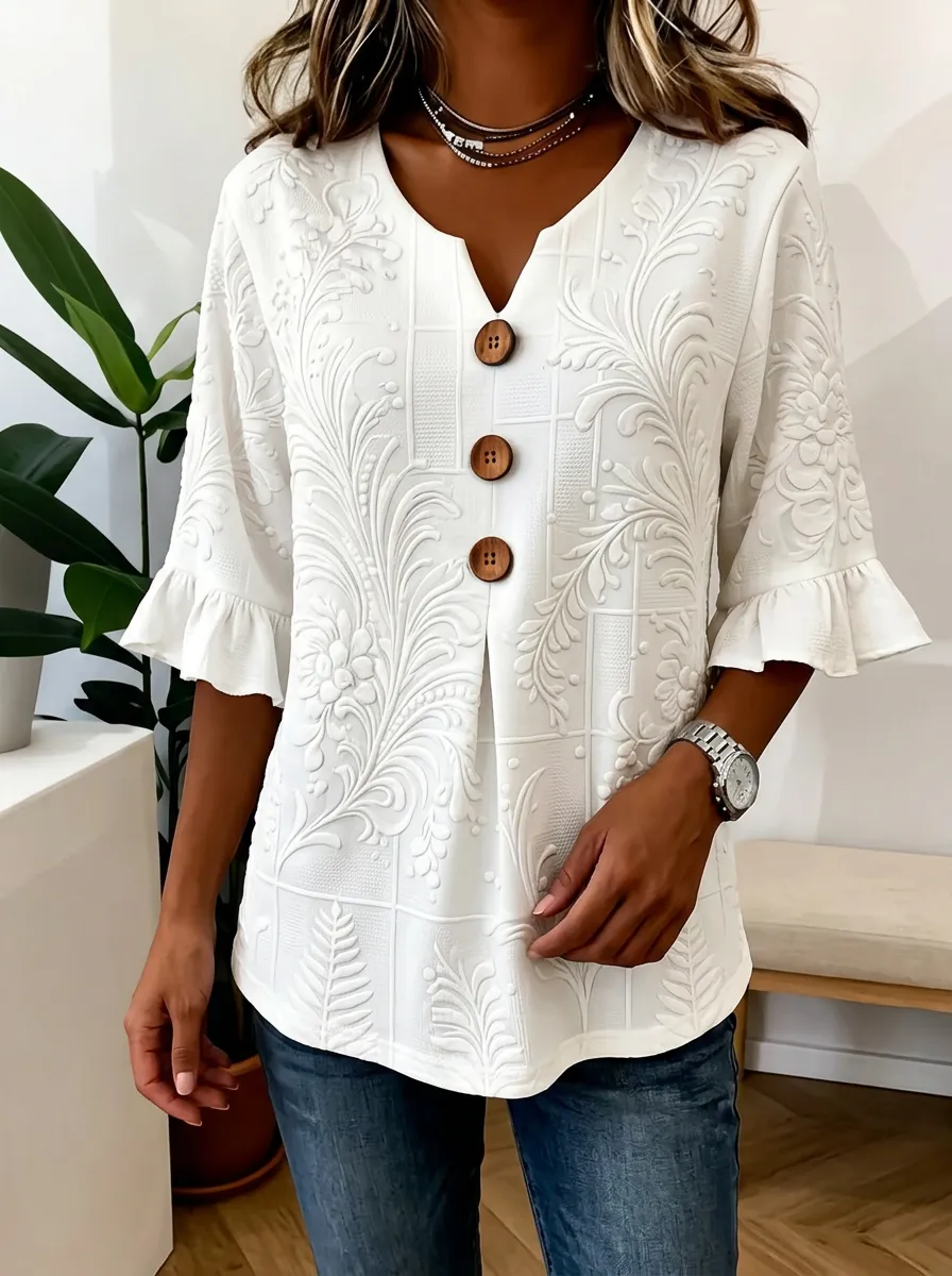 Women's Nashville Floral Embossed Button-Down Ruffle Sleeve Top