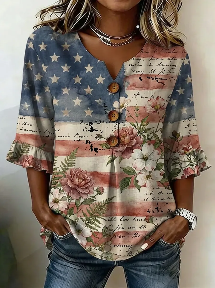 Women's Nashville USA Flag Floral Script Printed V-Neck Top
