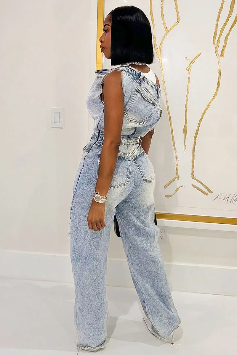 Vintage Sleeveless Patchwork Asymmetric Cinch Waist Wide Leg Denim Jumpsuit-Blue