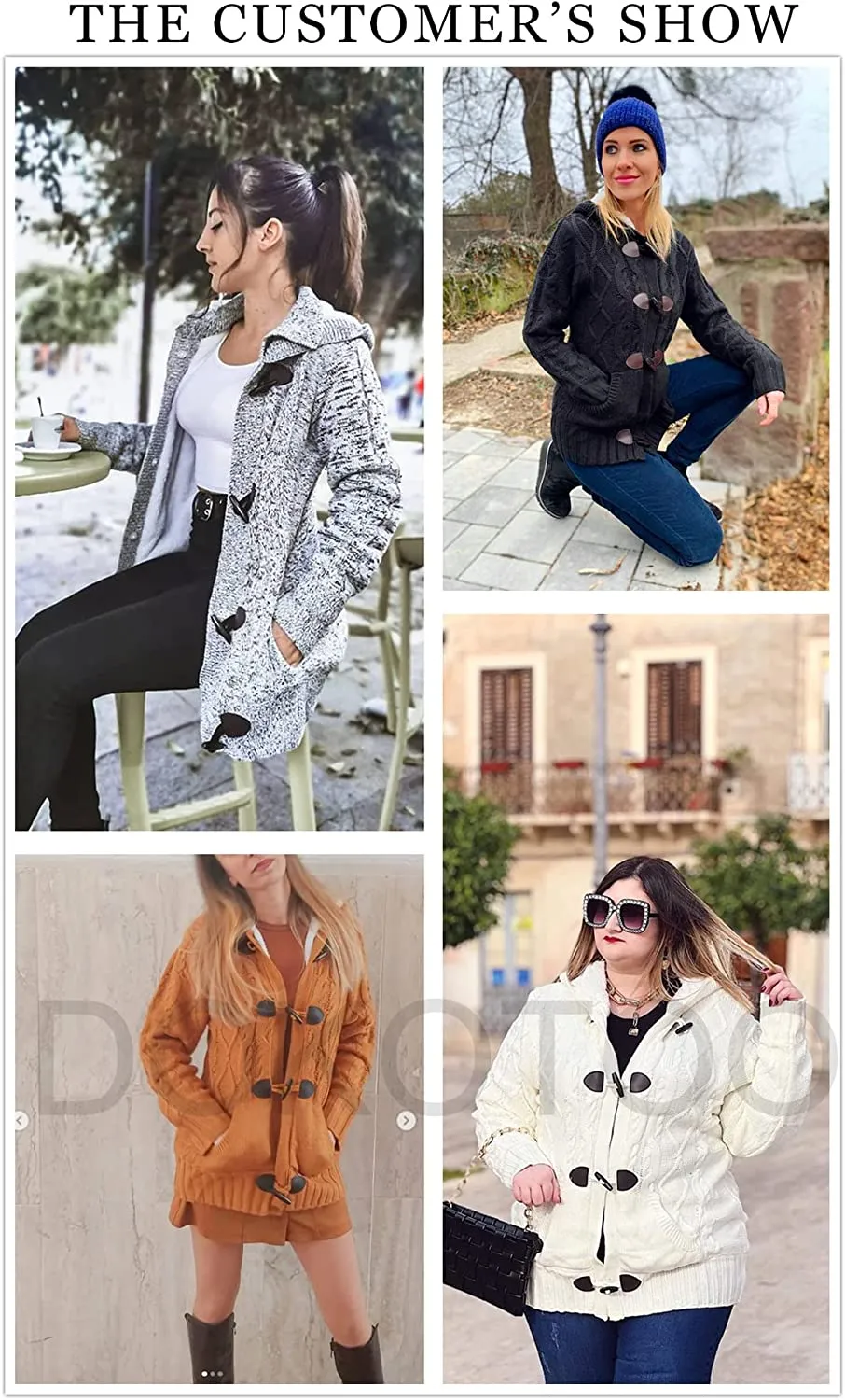 Womens Hooded Cardigans Button Up Cable Knit Sweater Coat Outerwear with Pockets