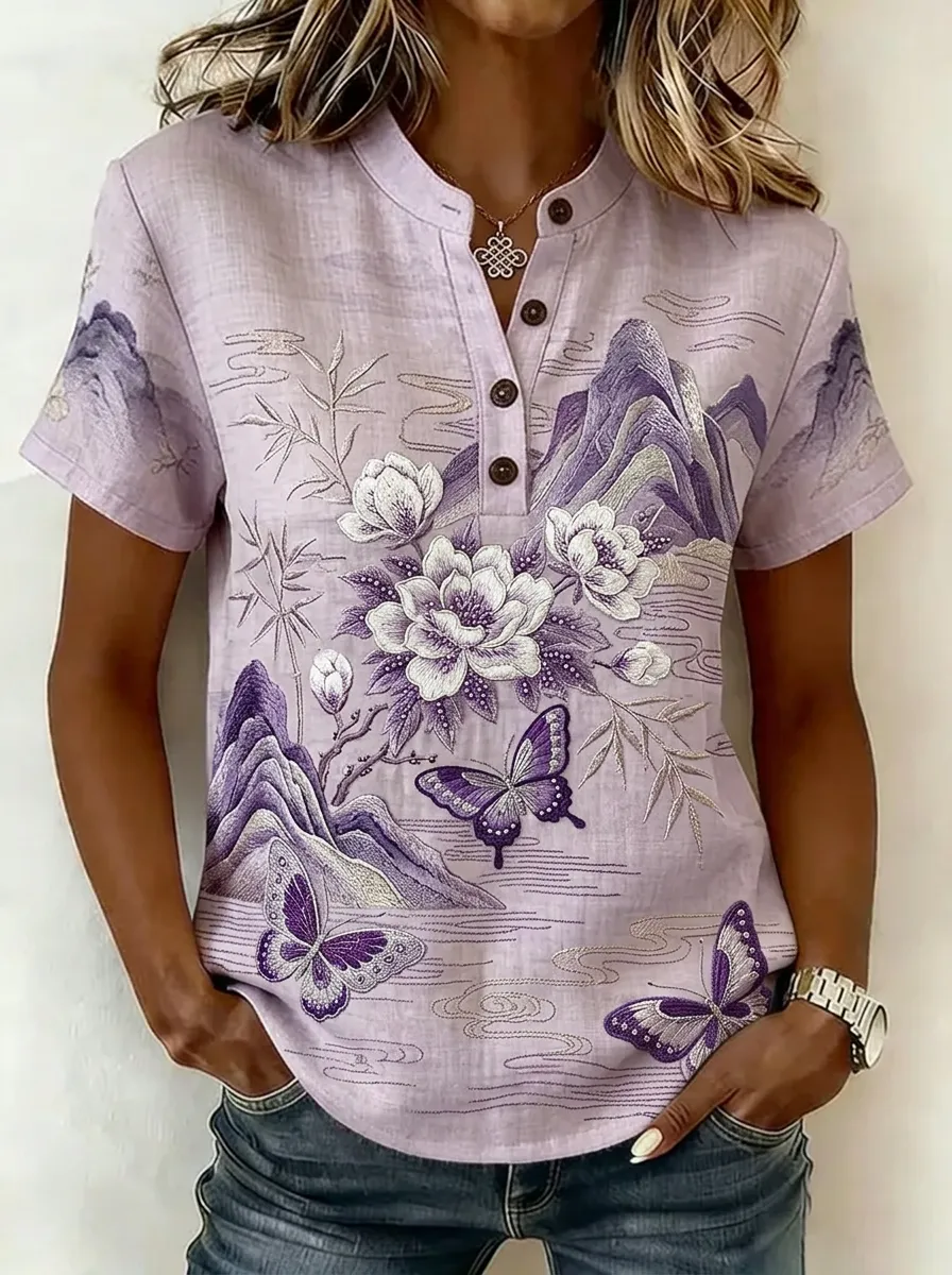 Women's Nashville Floral Butterfly Mountain Printed Henley Shirt