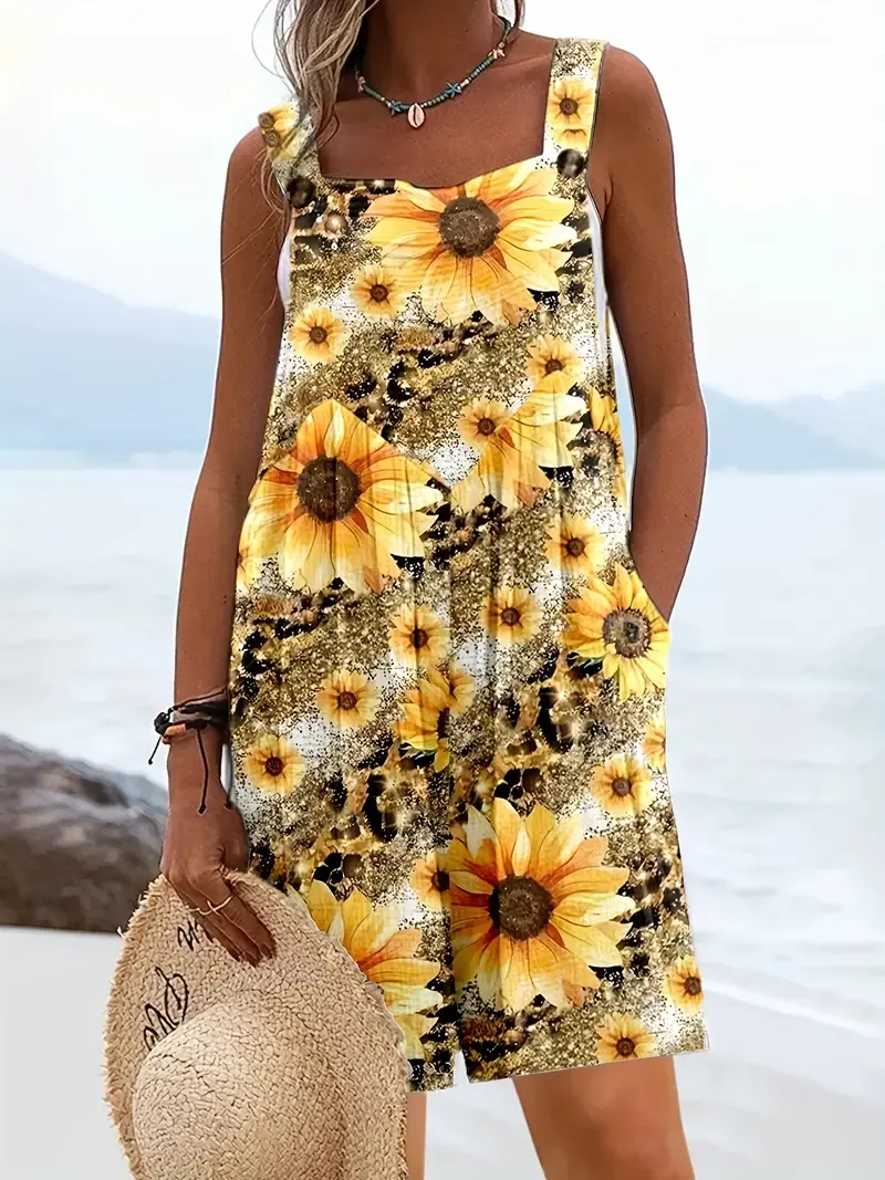 Chic Sunflower Print Sleeveless Romper for Women - Casual Polyester & Spandex Blend, Machine Washable, Adjustable Straps, Knee-Length Jumpsuit with Pockets