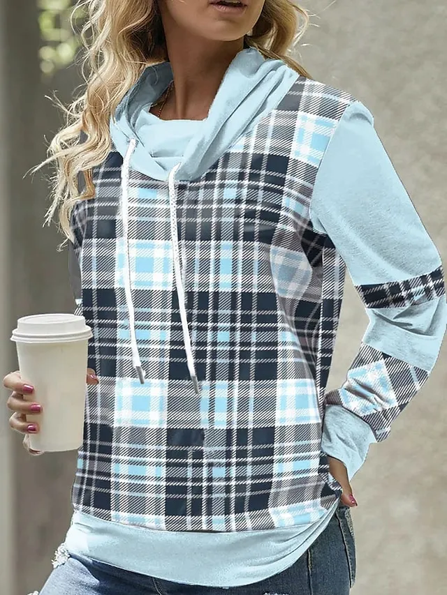 Women's Hoodie Sweatshirt Pullover Sports Basic Drawstring Red Blue Purple Plaid Street Casual Hoodie Long Sleeve Top Micro-elastic Fall & Winter